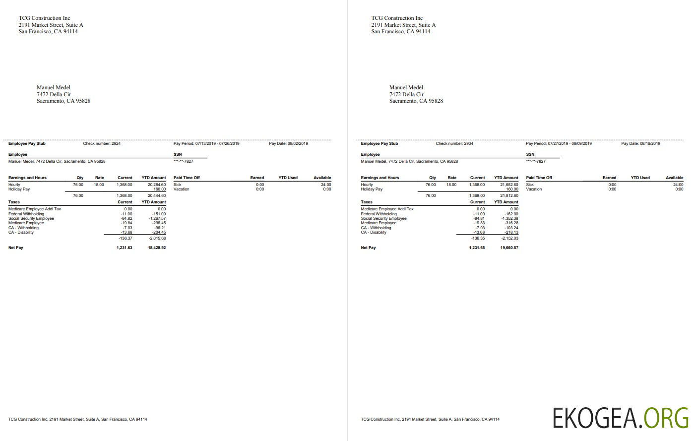 TCG Construction Inc. Talon de paie des employés